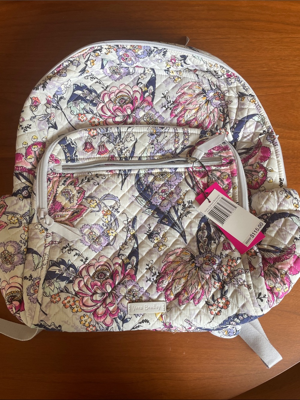 Vera Bradley Cream Quilted Backpack with Pink and Purple Floral Print